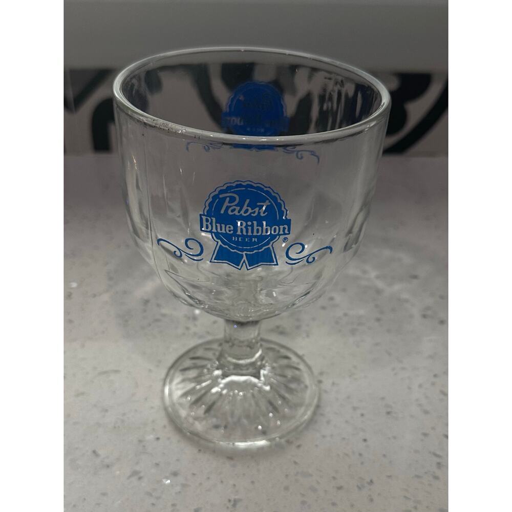 Vintage Pabst Blue Ribbon Beer Glass Footed Goblet Thumbprint 1970s 70s 14 oz